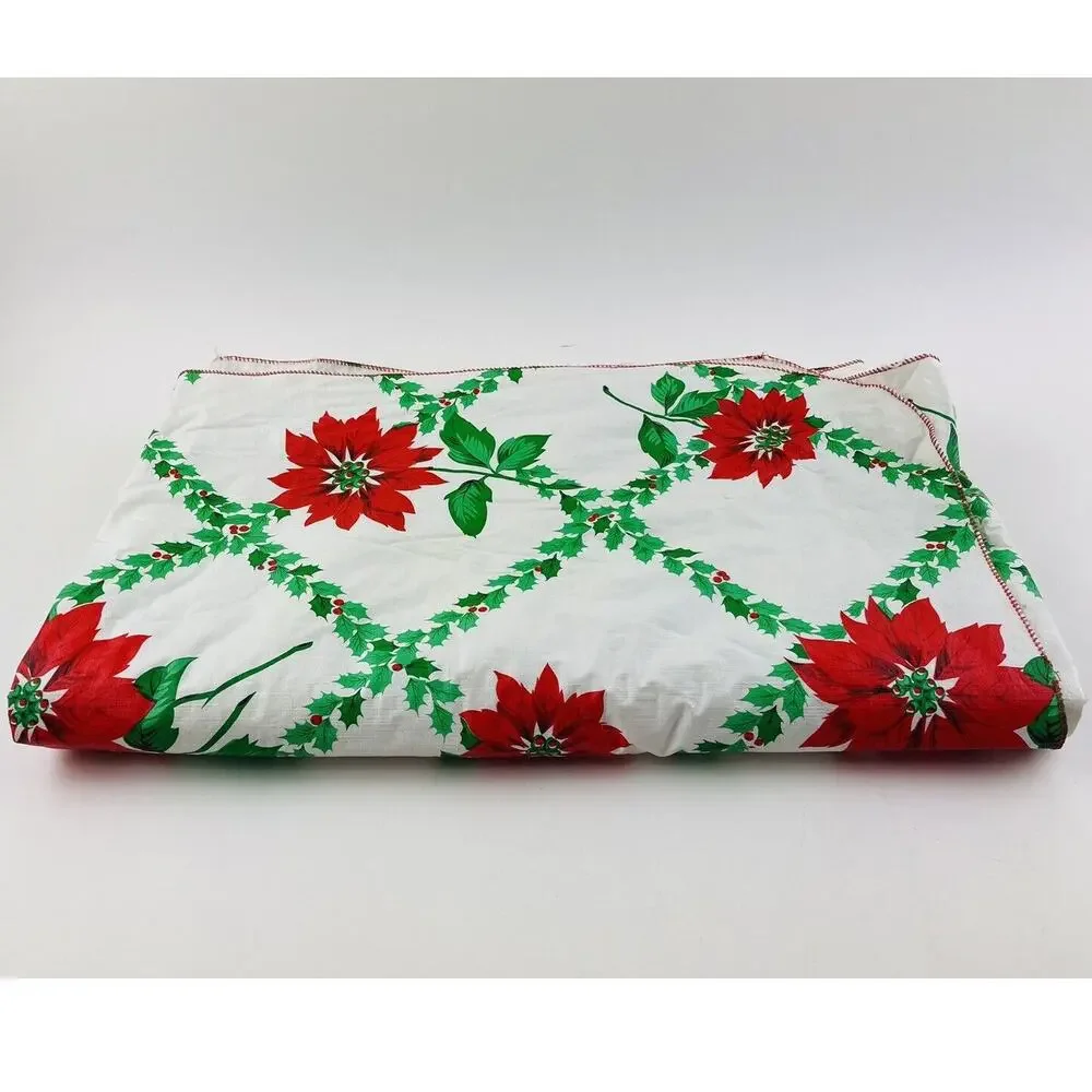 Vintage Vinyl Plastic Tablecloth Poinsettias Flannel Back Christmas Red Green Ea